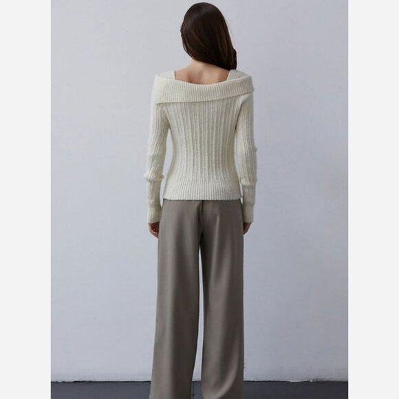 Cream Partial Off Shoulder Sweater – Soft Ribbed Knit - Picture 5 of 9